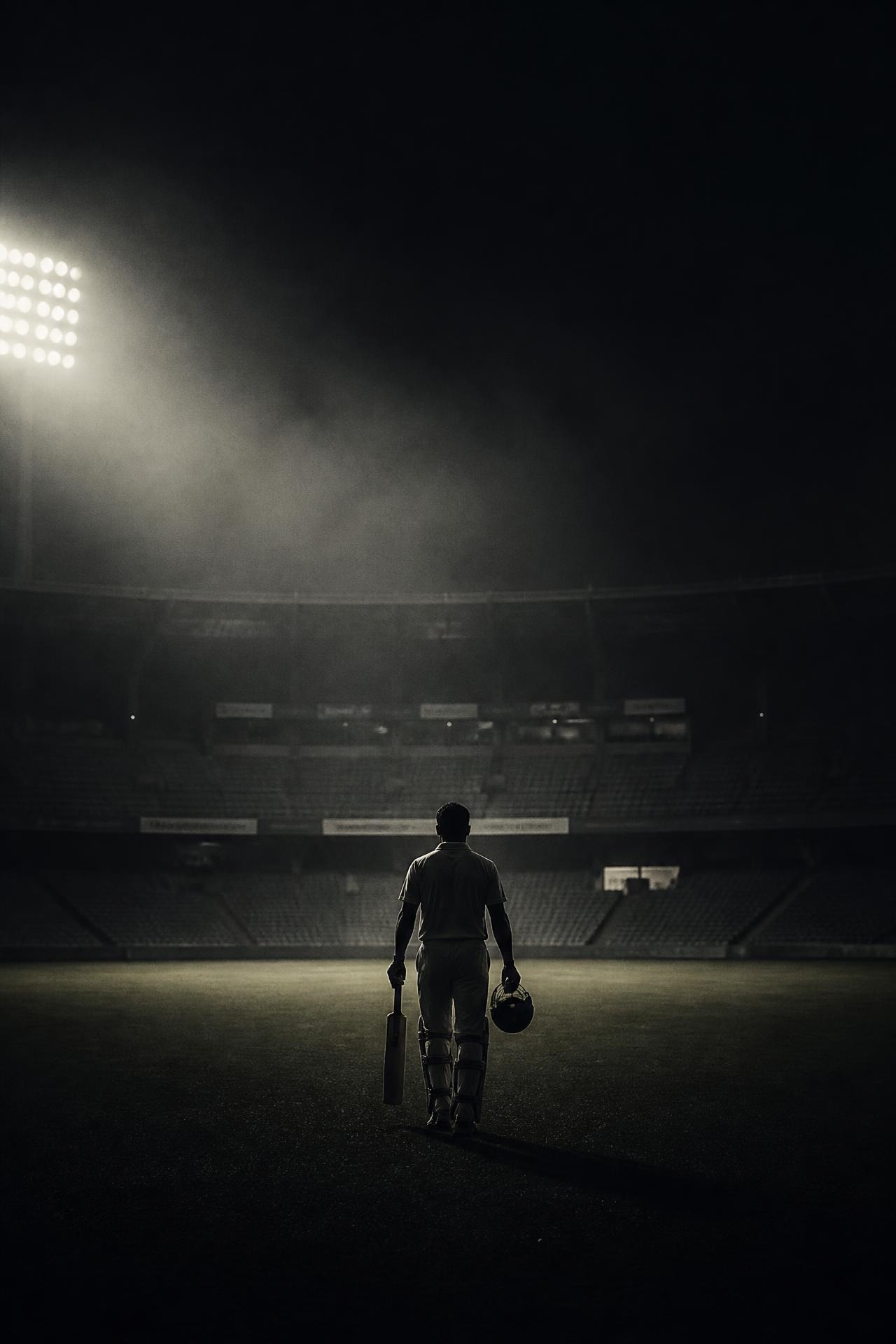 A cricketer walking alone across an empty floodlit ground