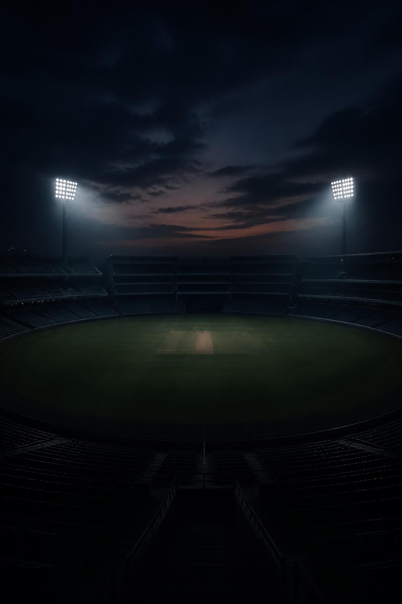 An empty cricket stadium at dusk under soft floodlights